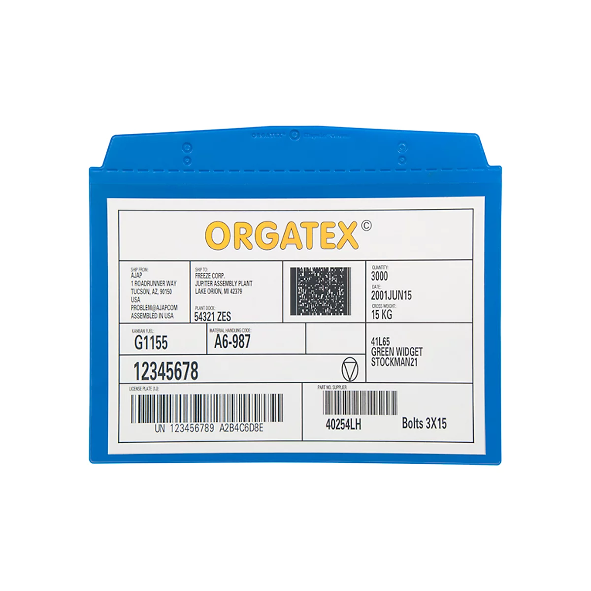 Blue case with a white label. Inscription: ORGATEX, various information, barcode and texts.