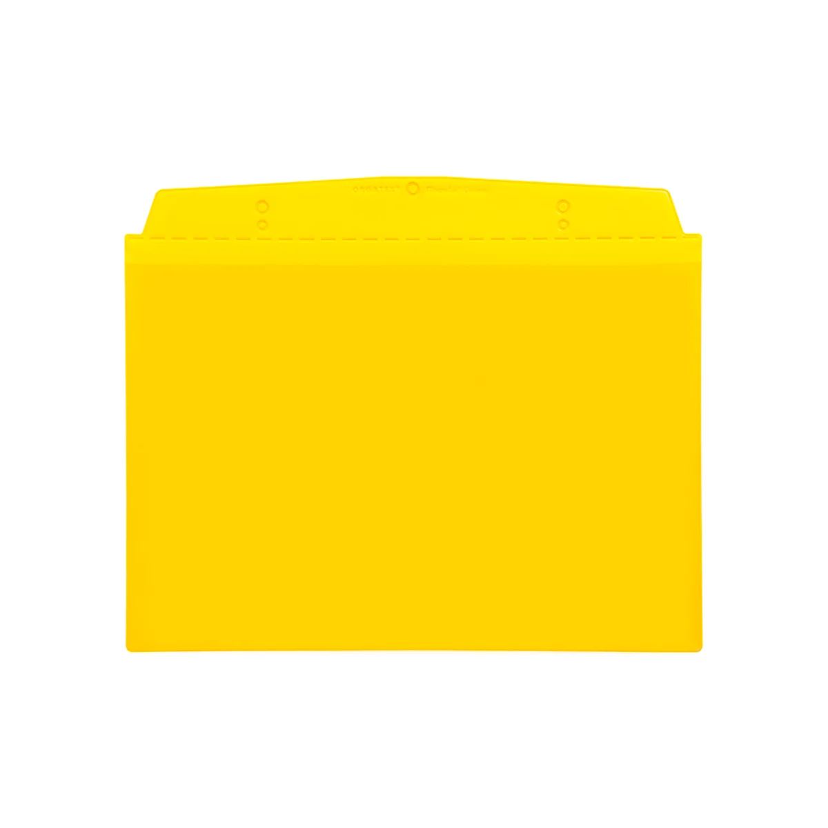Yellow file folder on white background. Top with cutouts and holes.