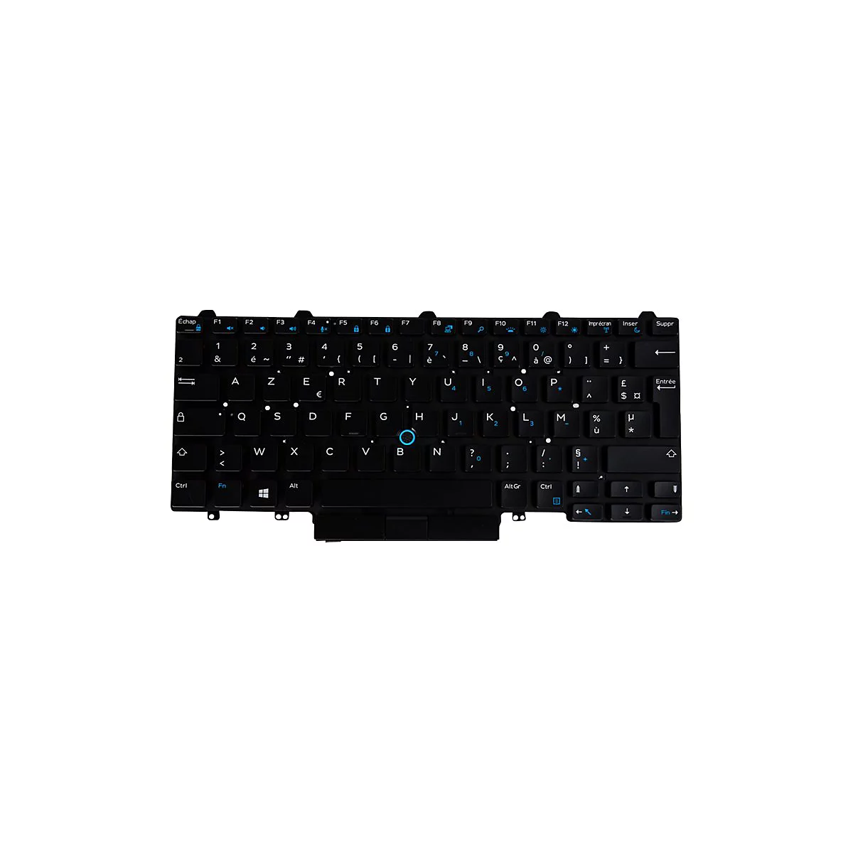 Schwarze Laptop-Tastatur mit weißen und blauen Buchstaben und Zahlen. Aufschrift: 'Echap' und 'Entrée'.