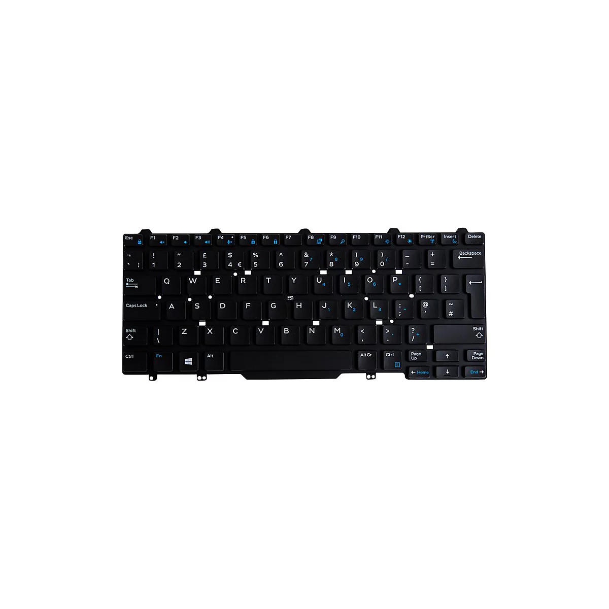 Schwarze Laptop-Tastatur mit weißen und blauen Buchstaben und Symbolen. Die Tasten sind beschriftet mit Buchstaben, Zahlen und Sonderzeichen.