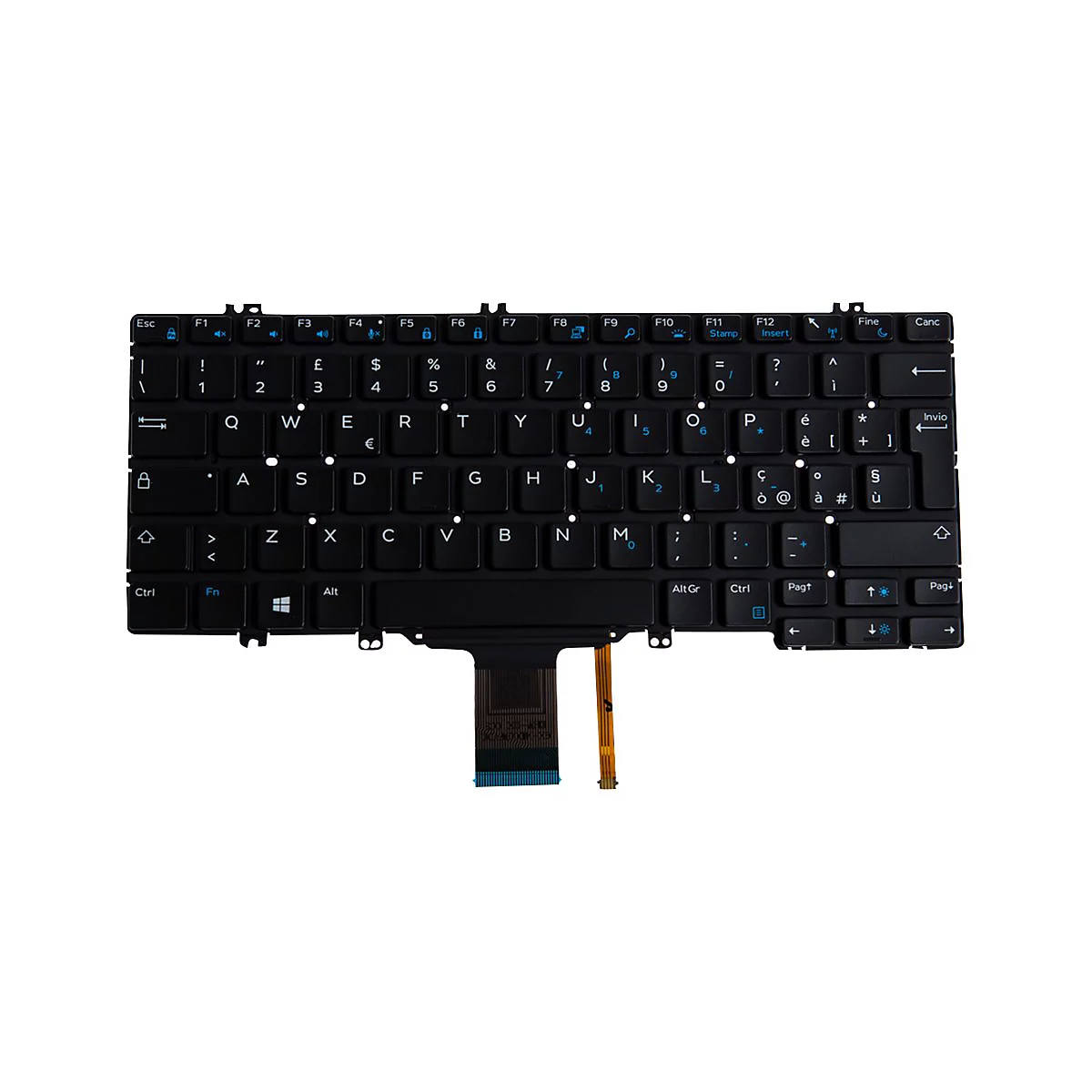 Schwarze Laptop Tastatur mit weißer Beschriftung und einem Kabelanschluss.