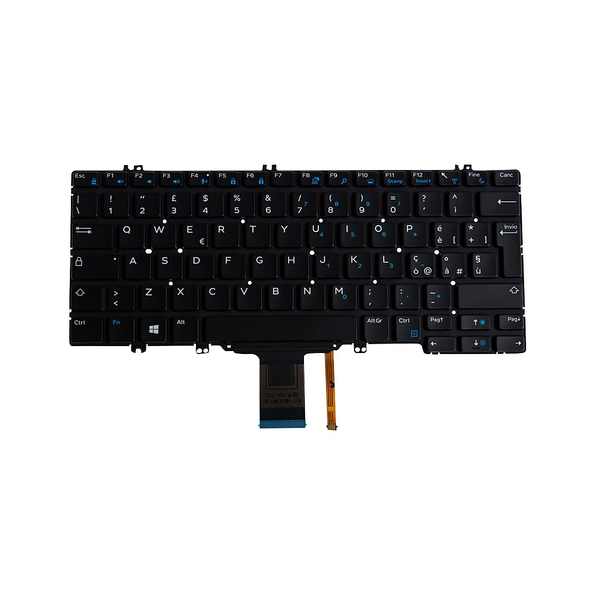 Schwarze Laptop-Tastatur auf weißem Hintergrund, Buchstaben in Blau, Detailaufnahme.