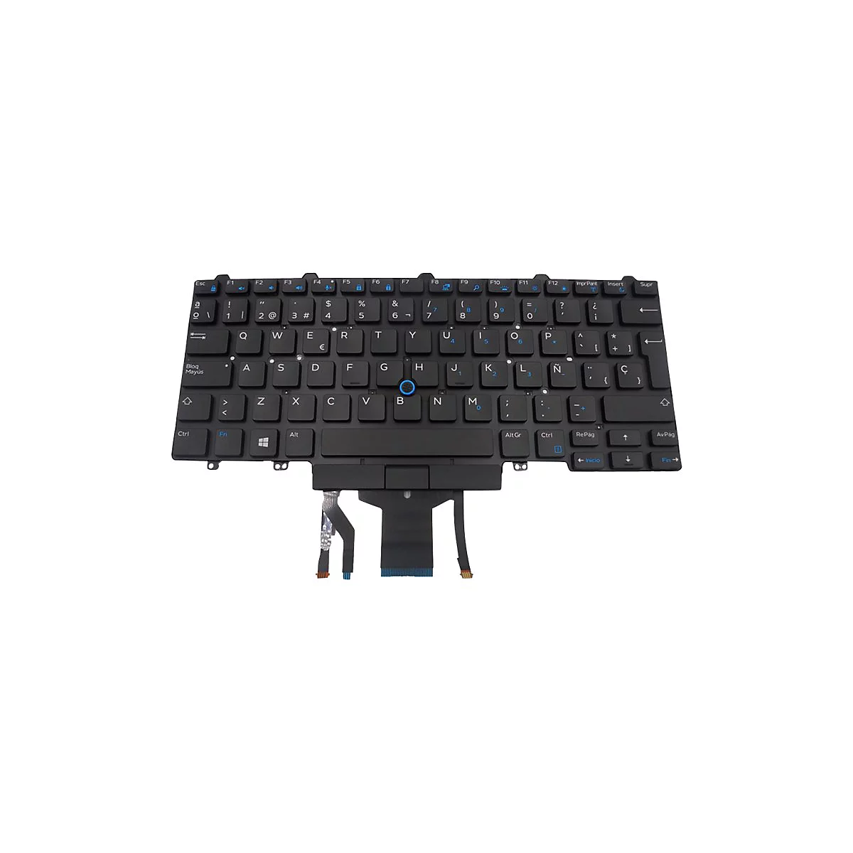Schwarze Laptop-Tastatur, Draufsicht. Buchstaben und Sonderzeichen in Weiß, Funktionsbelegung in Blau. Kabelanschluss unten.