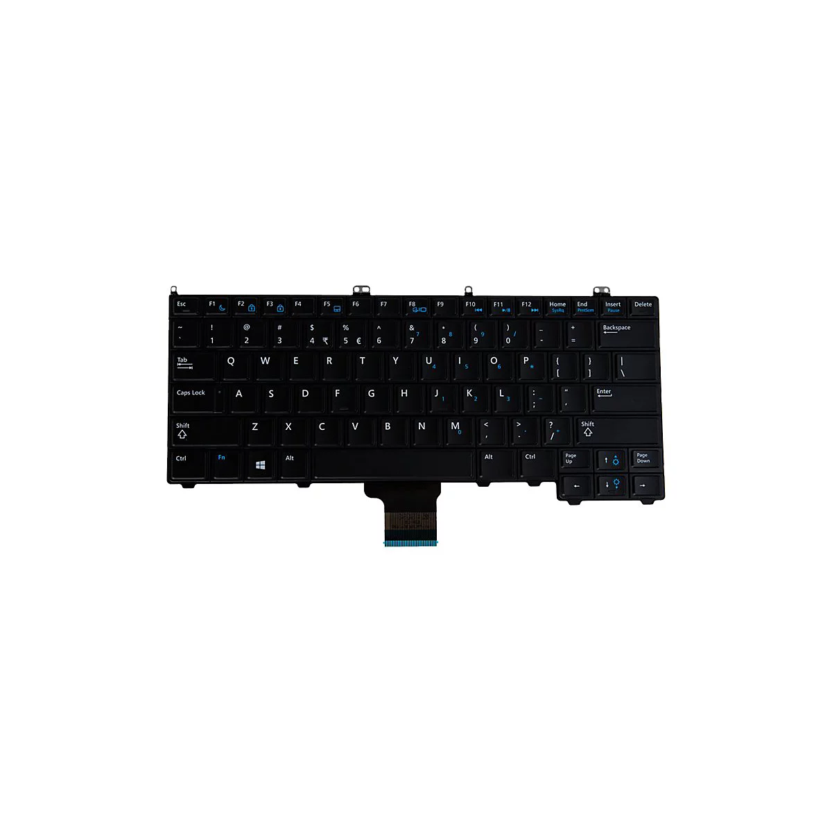 Schwarze Tastatur mit weißen und blauen Buchstaben und Zahlen, isoliert auf weißem Hintergrund.