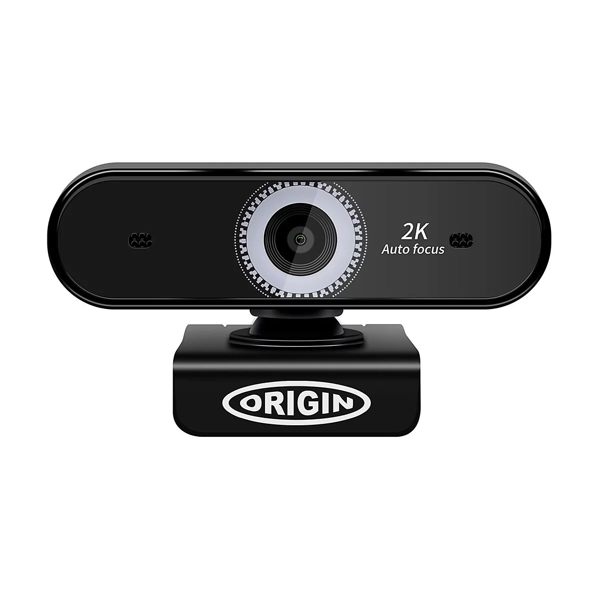 Schwarze Webcam mit Logo "Origin", 2K Auflösung und Autofokus. Auf weißem Hintergrund.