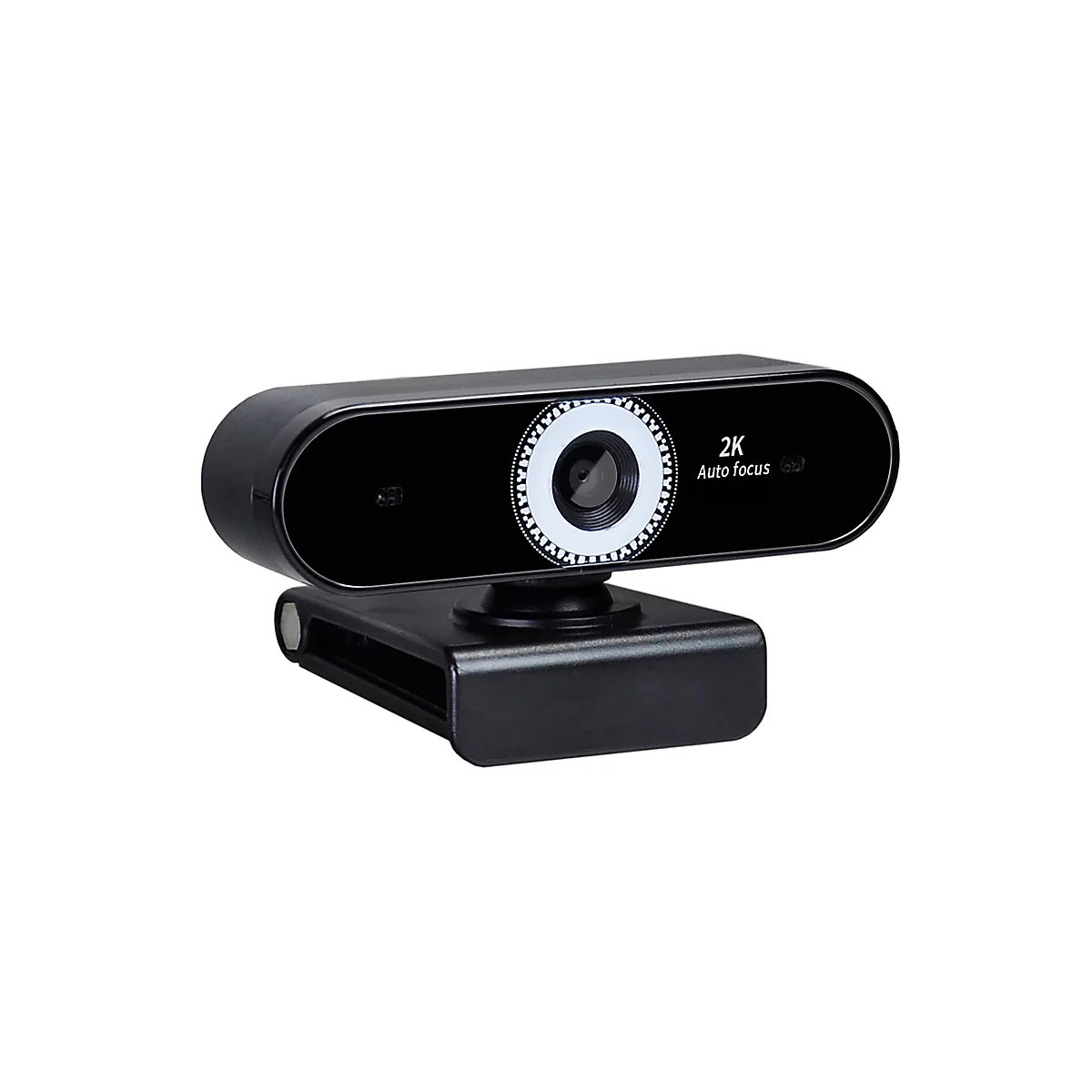 Eine schwarze Webcam mit 2K-Auflösung und Autofokus. Auf der Front steht 2K Auto focus.