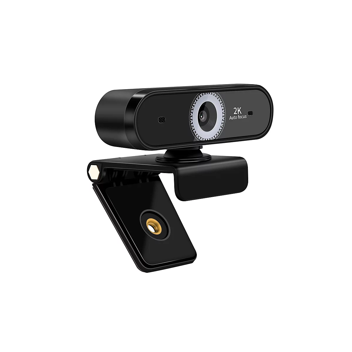 Schwarze Webcam, 2K-Auflösung, mit Autofokus und verstellbarem Stativ.