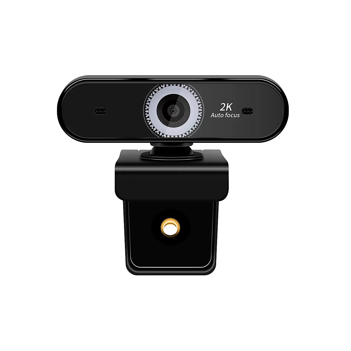 Schwarze Webcam mit 2K-Auflösung und Autofokus, vor weißem Hintergrund. Das Objektiv wird von einem kreisförmigen Rahmen umgeben.