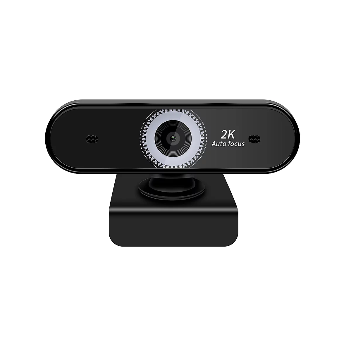 Schwarze Webcam mit 2K-Auflösung und Autofokus. Auf weißem Hintergrund.