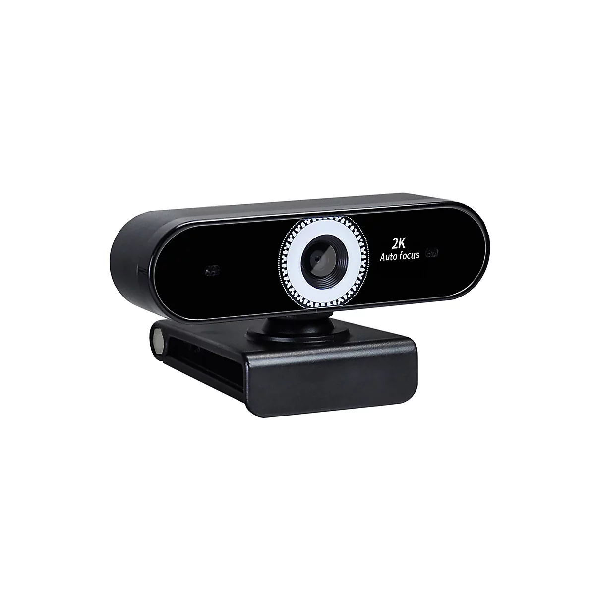 Schwarze Webcam mit 2K-Auflösung und Autofokus; vor weißem Hintergrund.