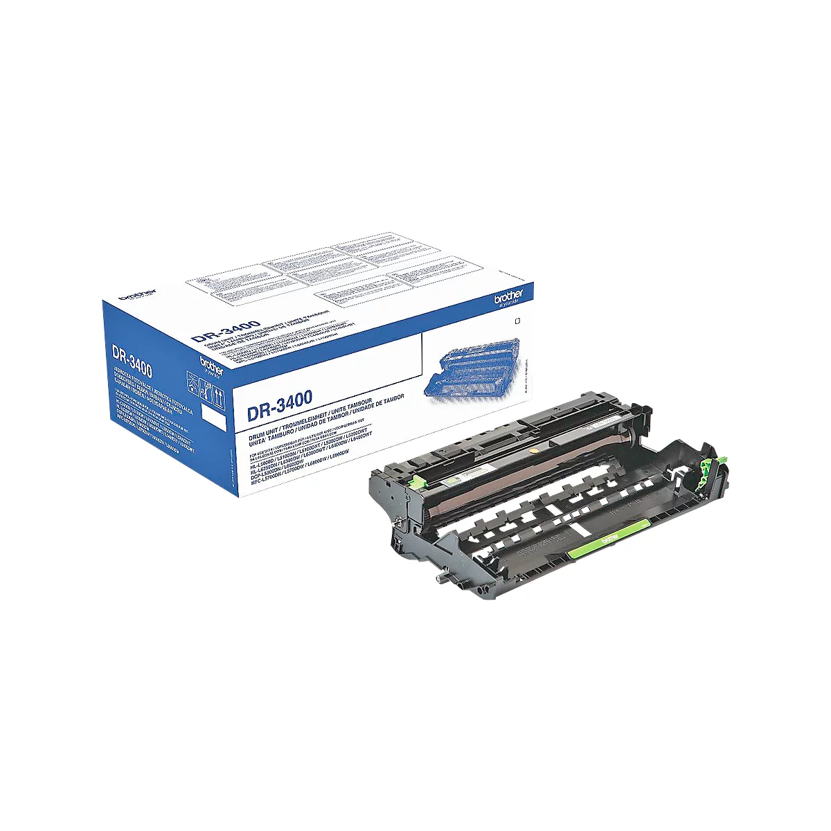 Brother DR-3400 printer drum and packaging. The box is blue with white lettering. Beside it the black drum unit.