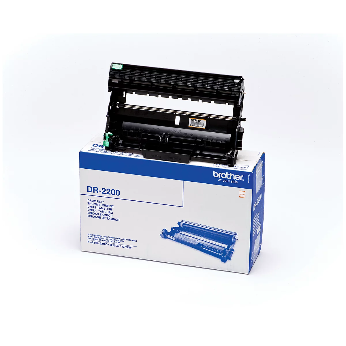 A black Brother DR-2200 drum kit on a white box, against a white backdrop.