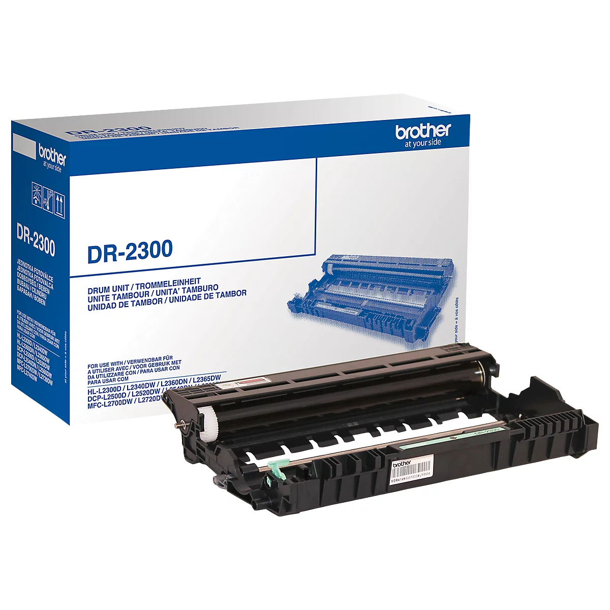 A printer drum unit, DR-2300, from Brother, in front of its packaging.