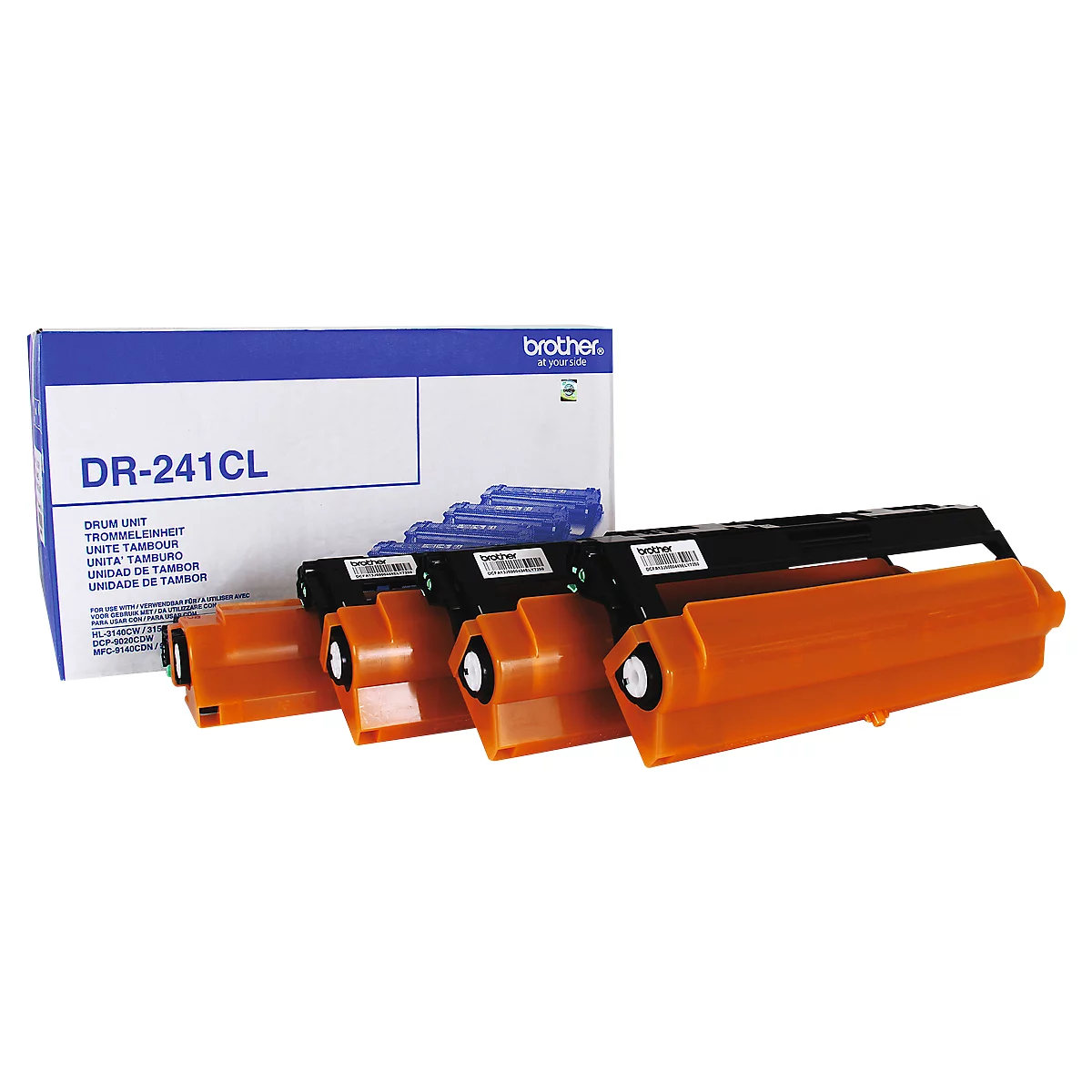 Photo of Brother DR-241CL drum unit and cartridges. The cartridges have an orange base.