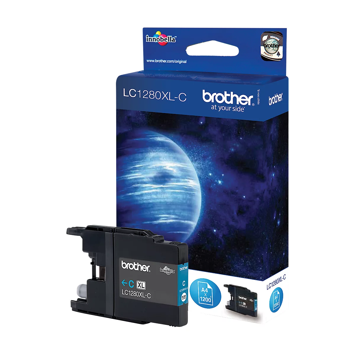 Black ink cartridge and cardboard box with "Brother" logo and product name. Blue background with planet.