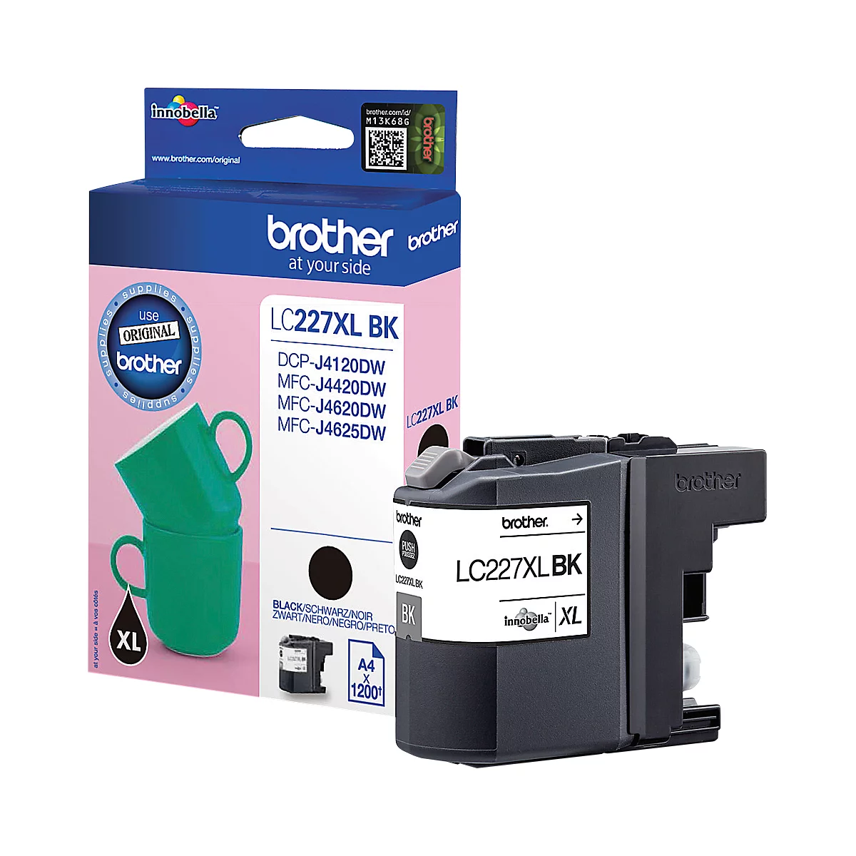 A black Brother LC227XL BK ink cartridge and its packaging. Prints: LC227XL BK, Original, A4, 1200.