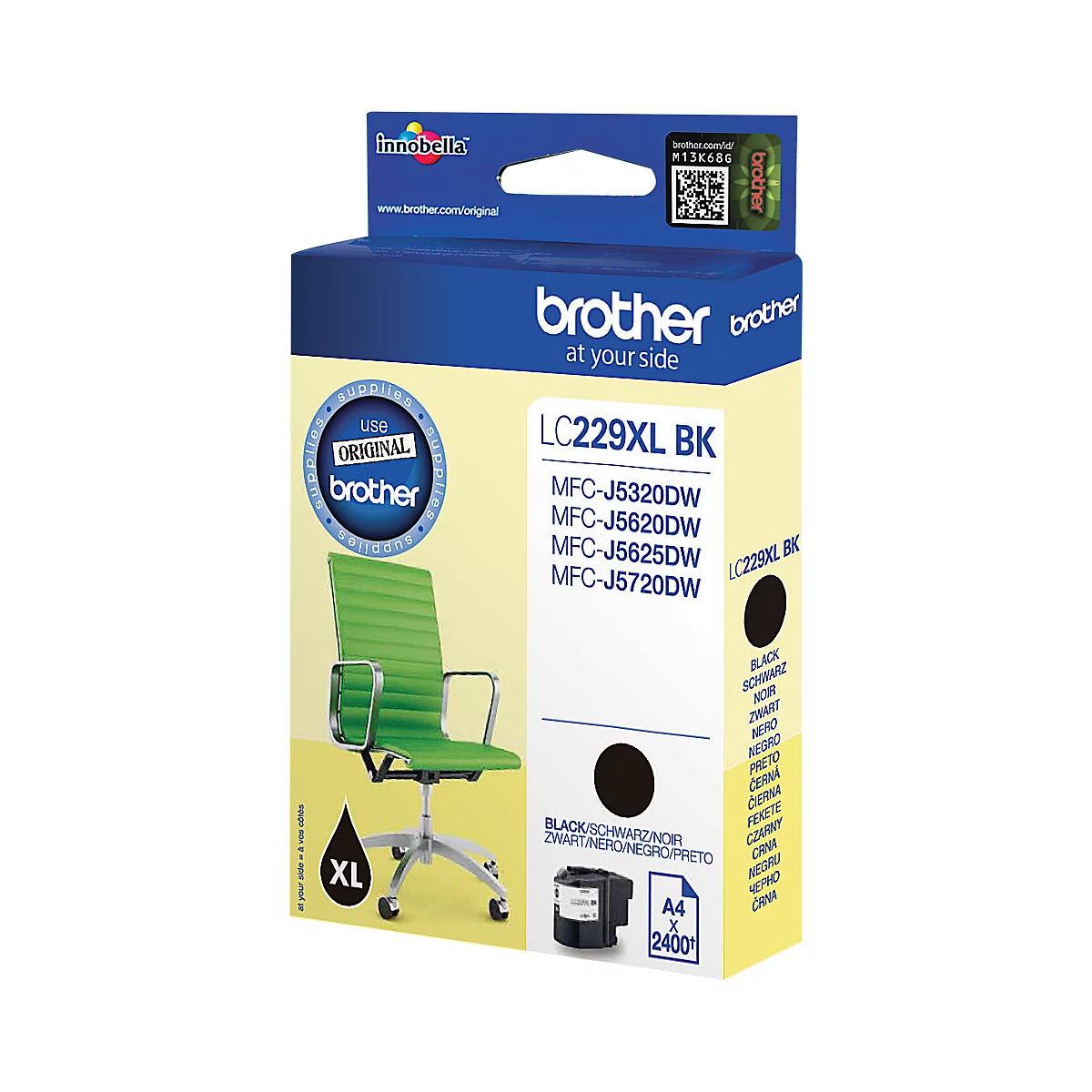 A Brother ink cartridge. It is black, with text and a green office chair on the packaging.