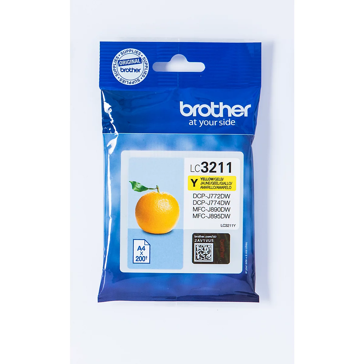 Yellow Brother ink cartridge with orange illustration and text. Inscription: LC3211, DCP-J772DW, DCP-J774DW, MFC-J890DW, MFC-J896DW.