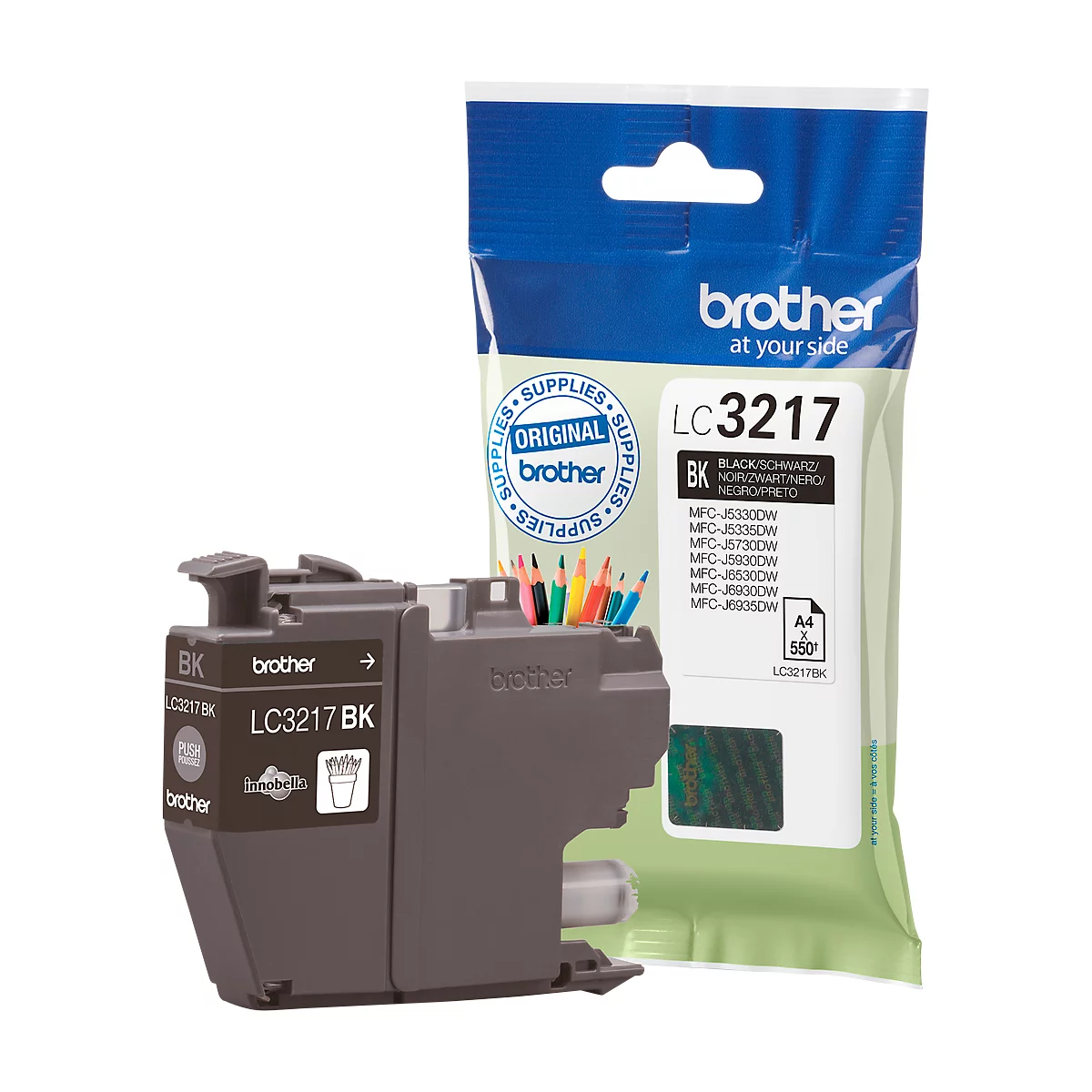 Black ink cartridge LC3217 BK from Brother, alongside the original packaging. Inscription: Original Supplies.