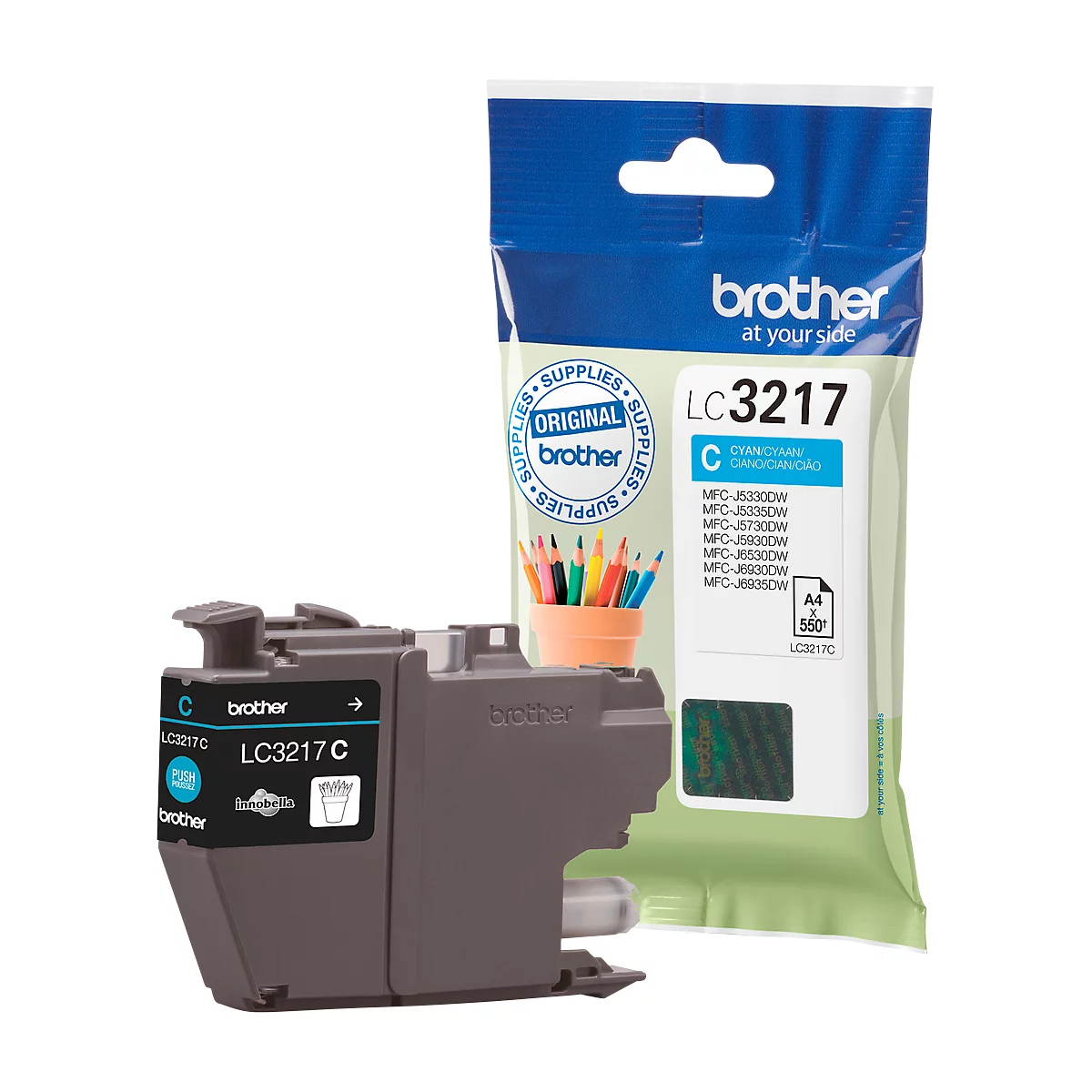 A Brother ink cartridge, LC3217C, in cyan, next to the original packaging. The packaging says: Original Supplies Brother.