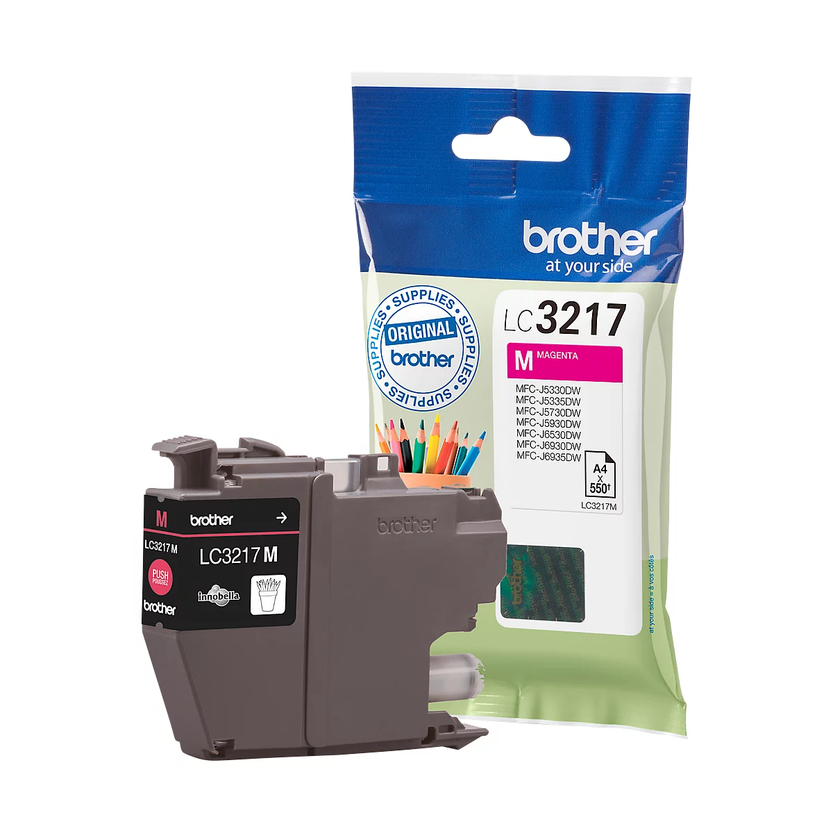 A magenta Brother LC3217M ink cartridge next to its packaging.