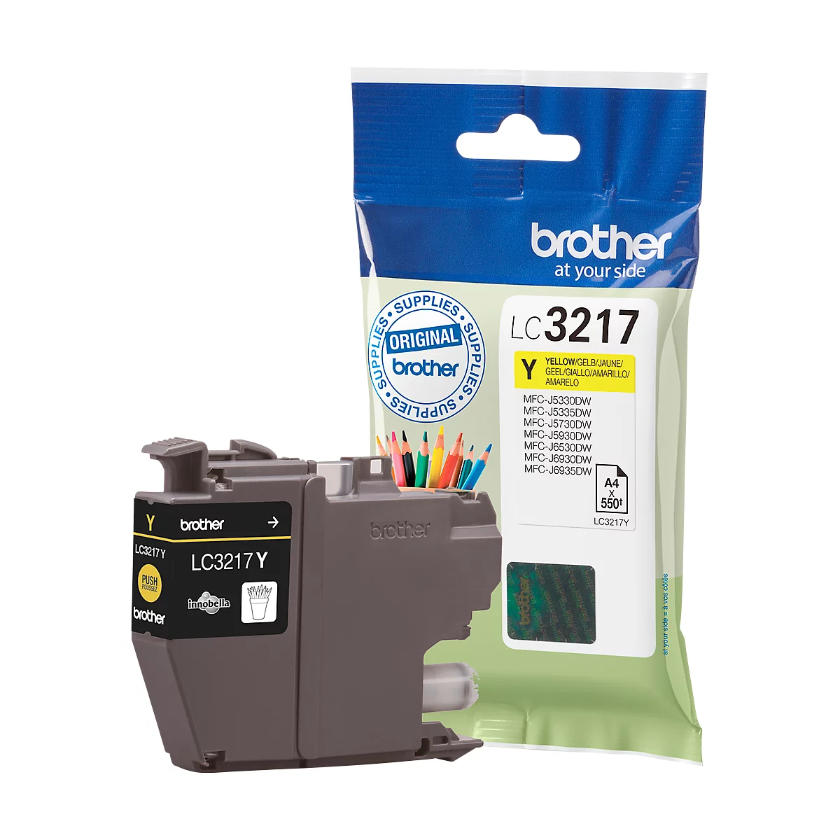 Yellow Brother ink cartridge LC3217 Y and packaging, with the inscription "original Brother".