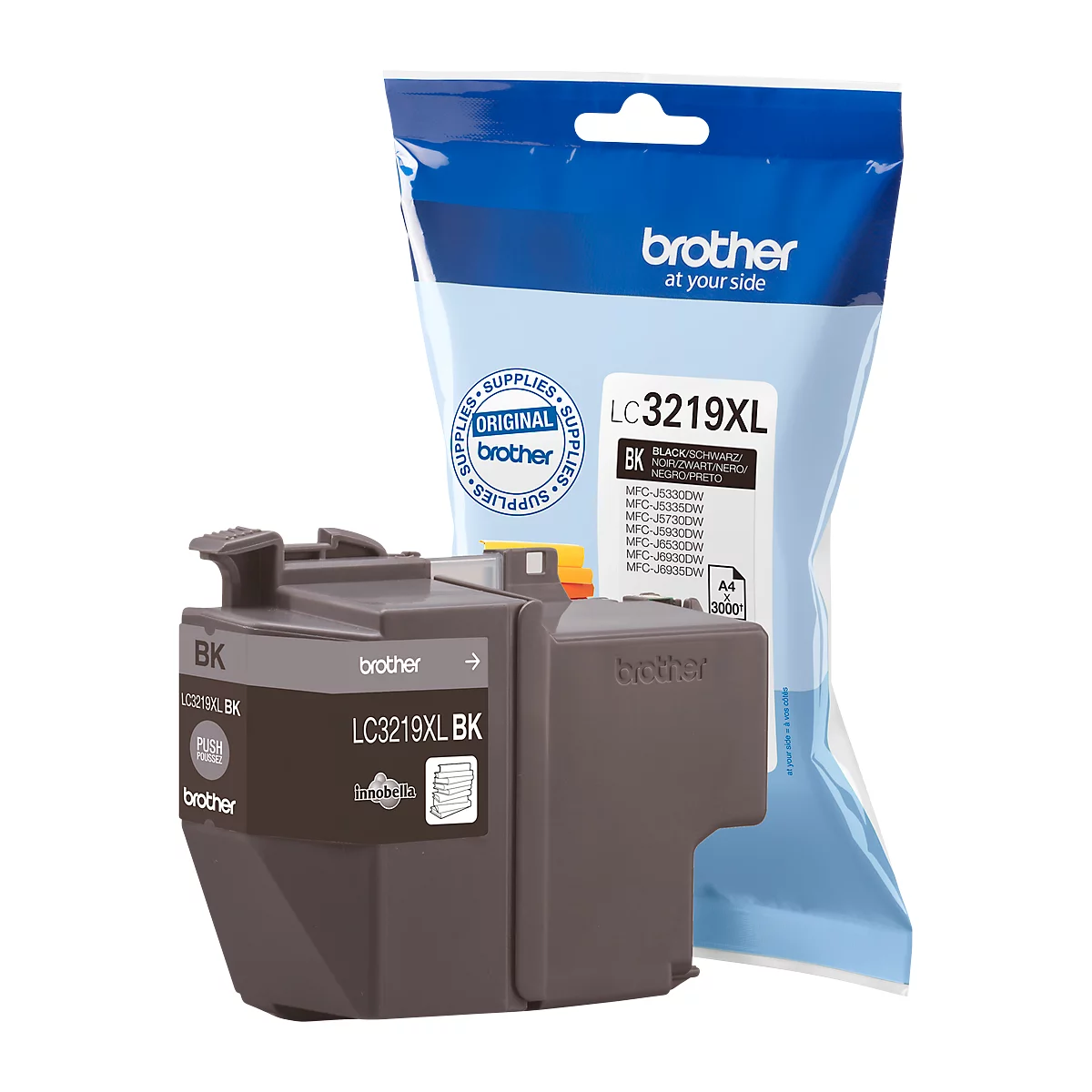 A black ink cartridge labeled LC3219XL BK with a package in the background.