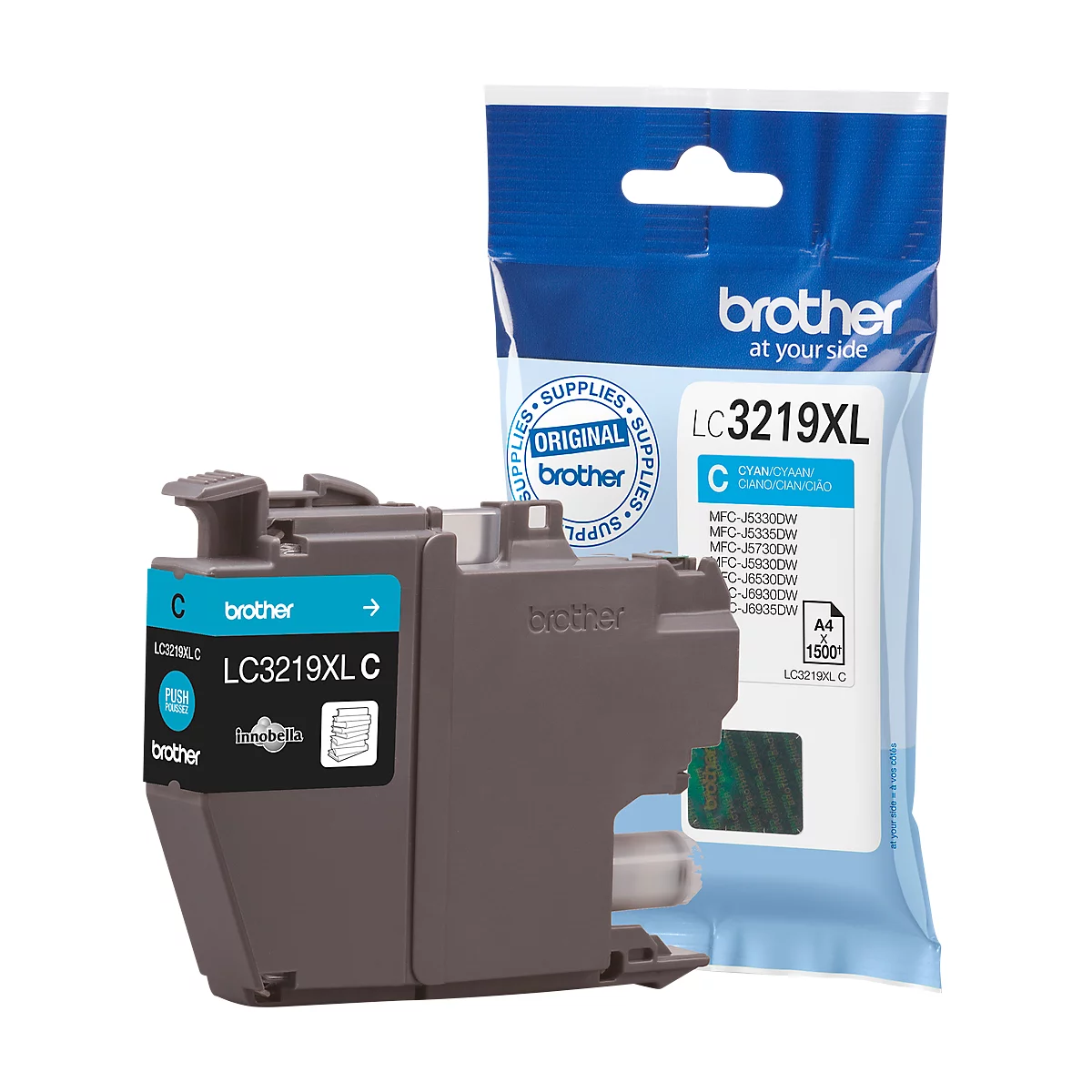 A Brother LC3219XL C ink cartridge and packaging. Text reads: 'LC3219XL C' and 'brother'.