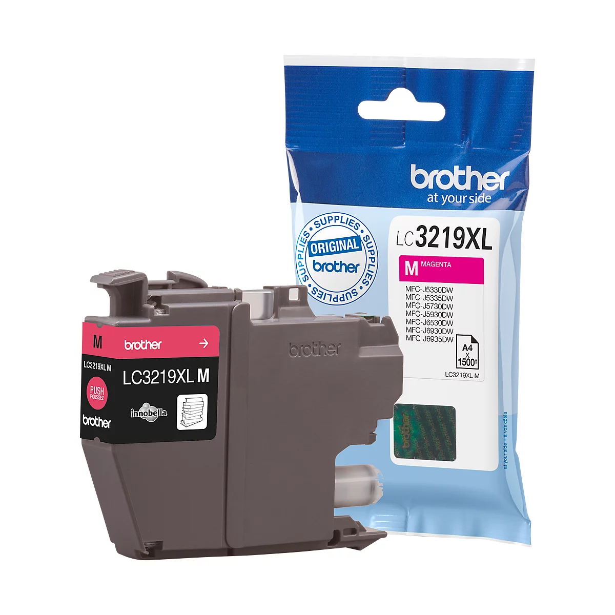 A Brother LC3219XL M magenta ink cartridge with packaging. Printed are product name, manufacturer and fill quantity.