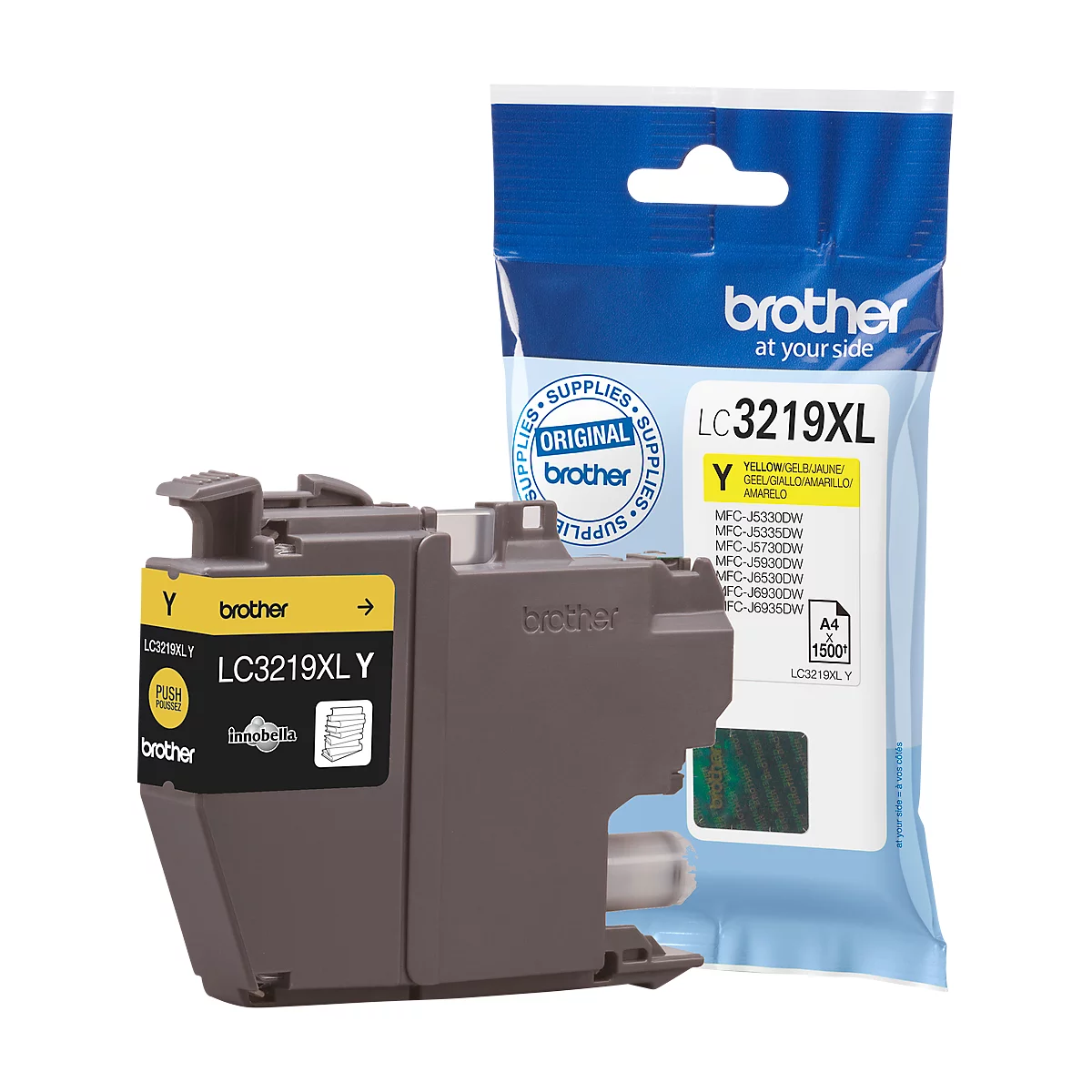 Yellow Brother LC3219XL ink cartridge with packaging. Product names, a yellow label, and the Brother logo are printed on it.