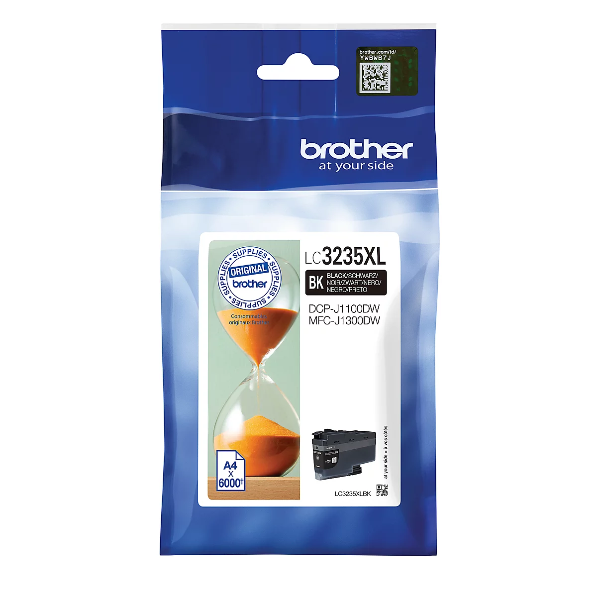 Ink cartridge in blister packaging from Brother, with logo and product name. Printed "LC3235XL BK".