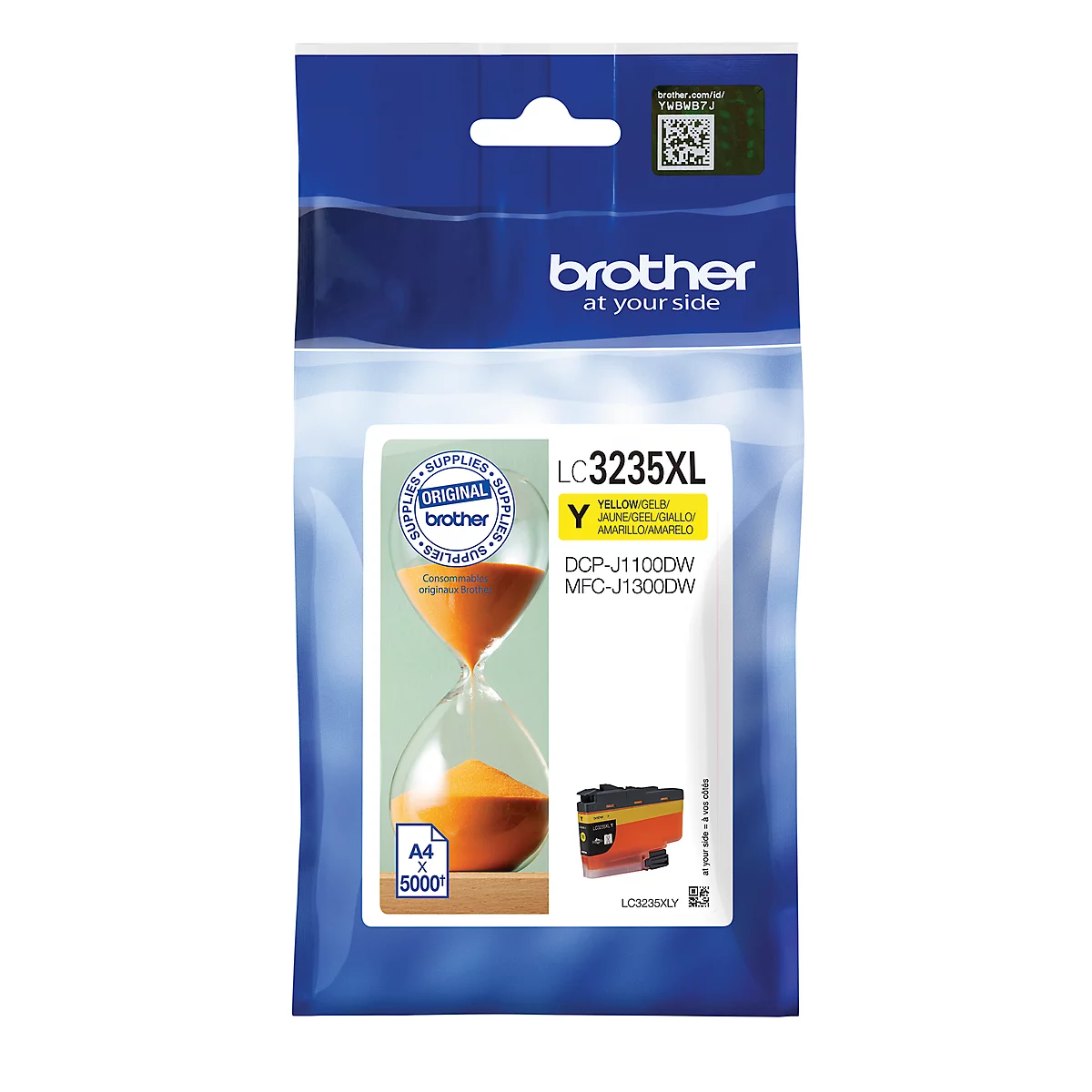 Yellow Brother ink cartridge packaging. In the foreground an hourglass and the product name LC3235XL.