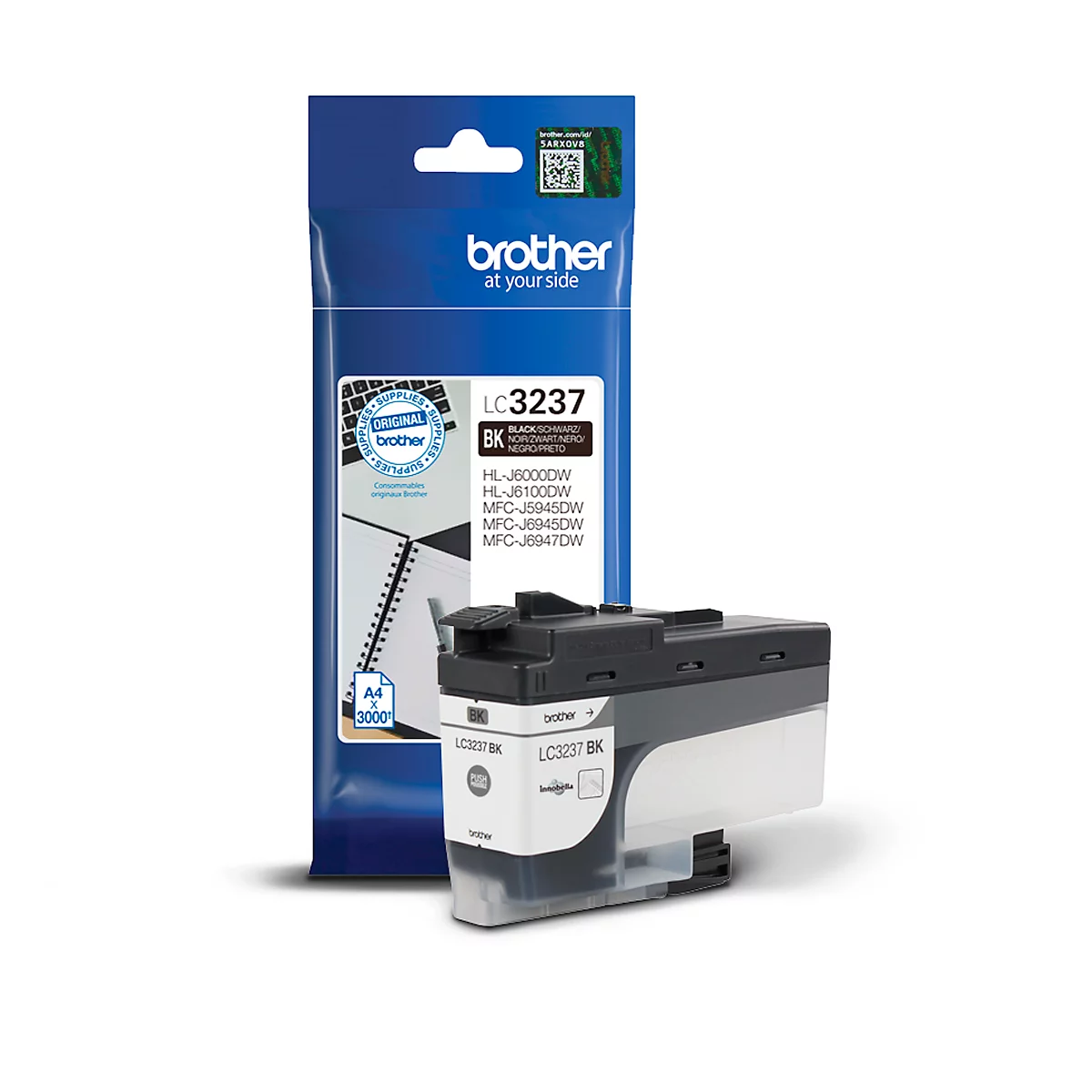 Black ink cartridge and packaging from Brother. The package reads LC3237 BK. The cartridge is next to it.