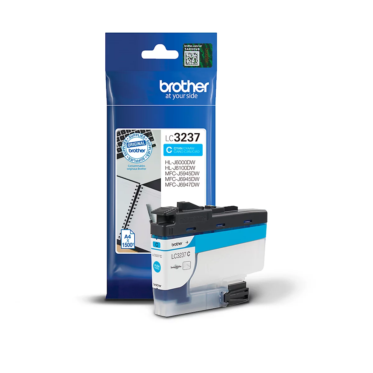 Cyan ink cartridge, package and cartridge, with the text 'LC3237 C'.