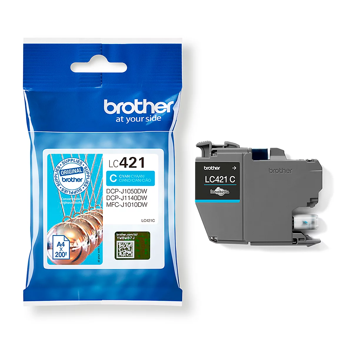 A blue ink cartridge bag and an ink cartridge. The bag says "brother", "LC421" and "Cyan". The cartridge says "LC421 C".