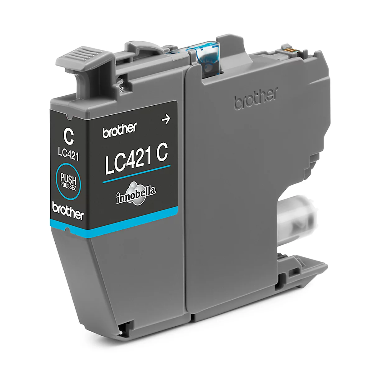 A gray Brother ink cartridge type LC421C, with blue accents. Inscription: brother, LC421C, innobella.