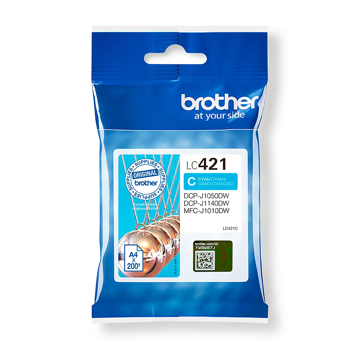 Blue and white Brother LC421 Cyan ink cartridge. Printed product names and logos.