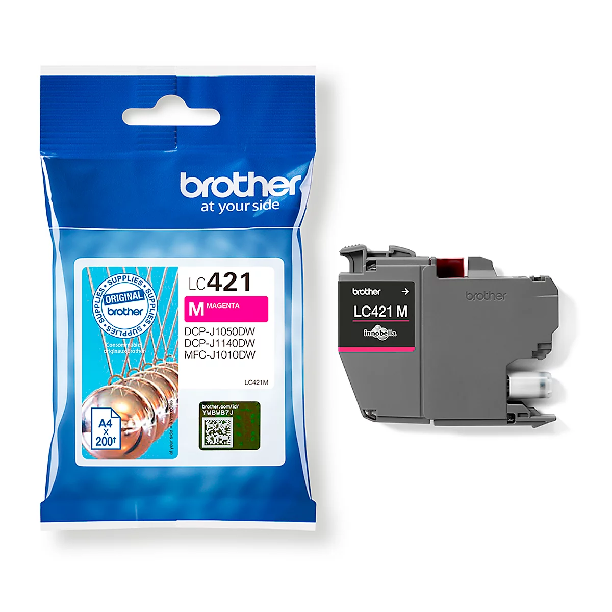 Magenta ink cartridge LC421 M from Brother, next to a package with product information.