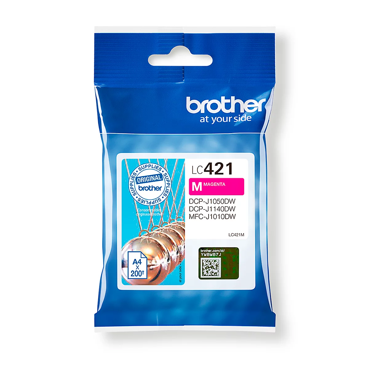 Brother LC421 magenta ink cartridge. Package with texts like "Original", "A4", "200" and product names.