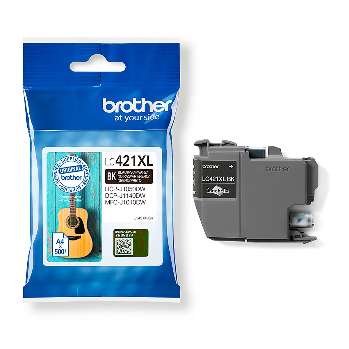 Black Brother ink cartridge, LC421XL BK. Packaging on the left with guitar, cartridge on the right.