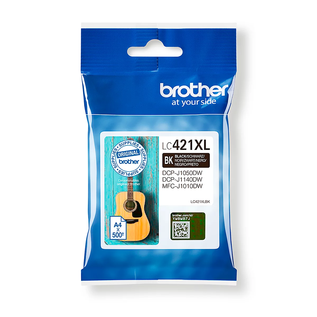 A black ink cartridge from Brother. The packaging shows product names, the Brother logo, and a guitar illustration.