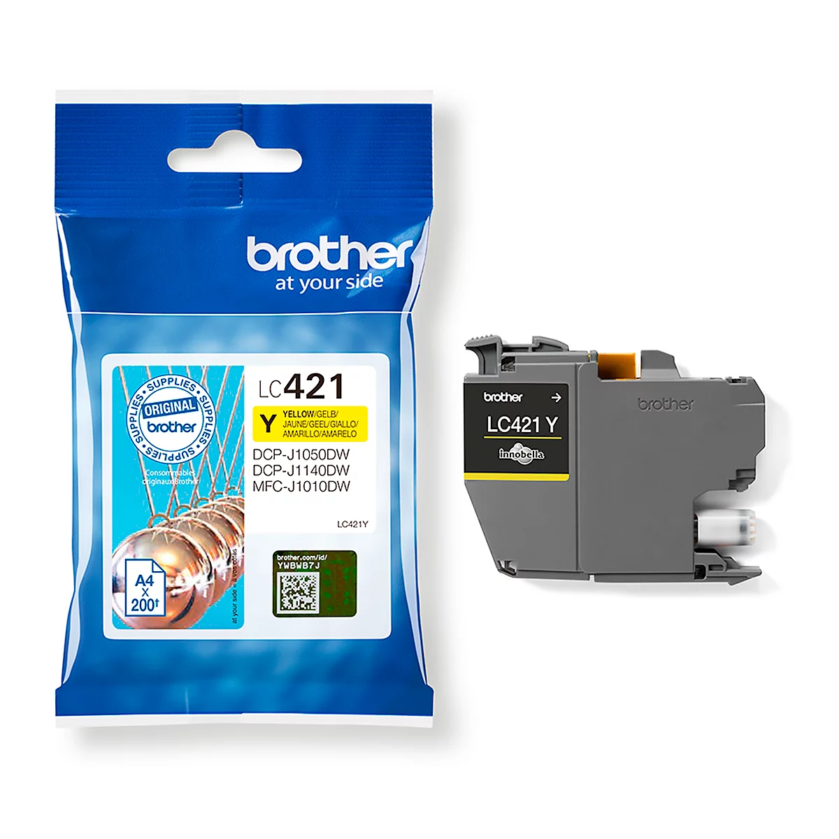 Yellow Brother ink cartridge LC421 Y, next to its packaging. Prints: LC421 Y, DCP-J1050DW, DCP-J1140DW, MFC-J1010DW.