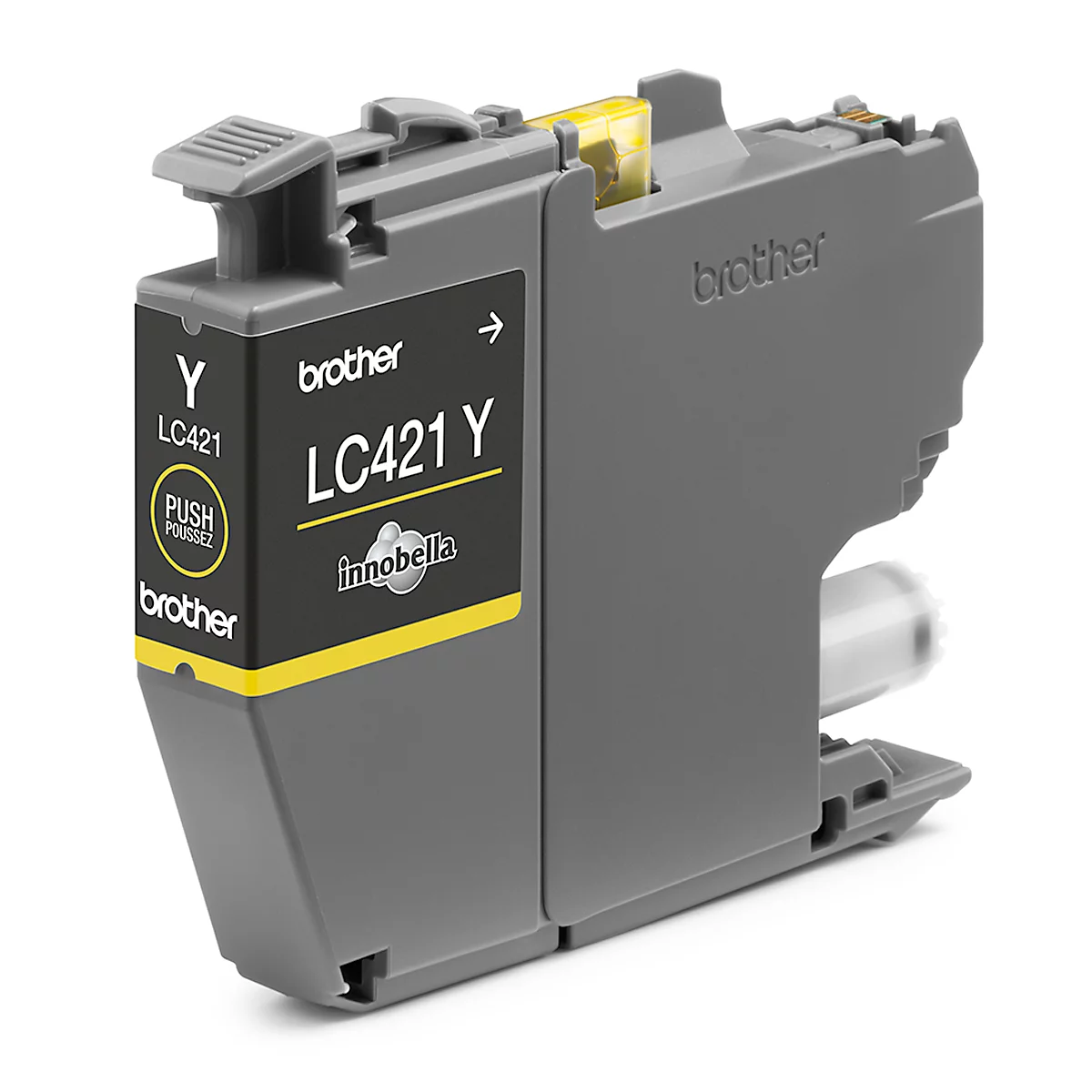 Yellow Brother LC421 Y ink cartridge, grey casing, with "PUSH" printed on it.