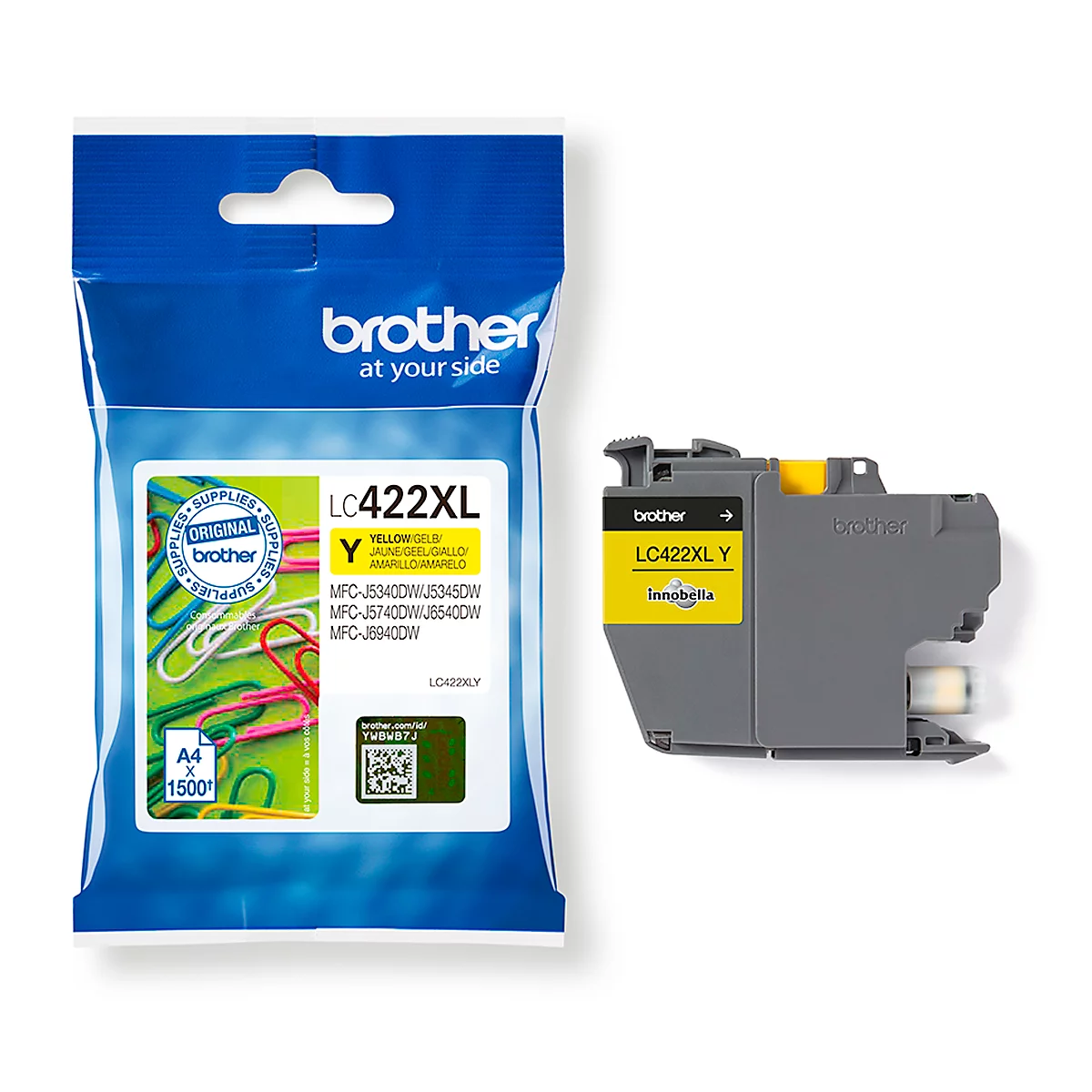 Yellow Brother ink cartridge LC422XL with packaging, white background. Left packaging with paper clips. Right cartridge.