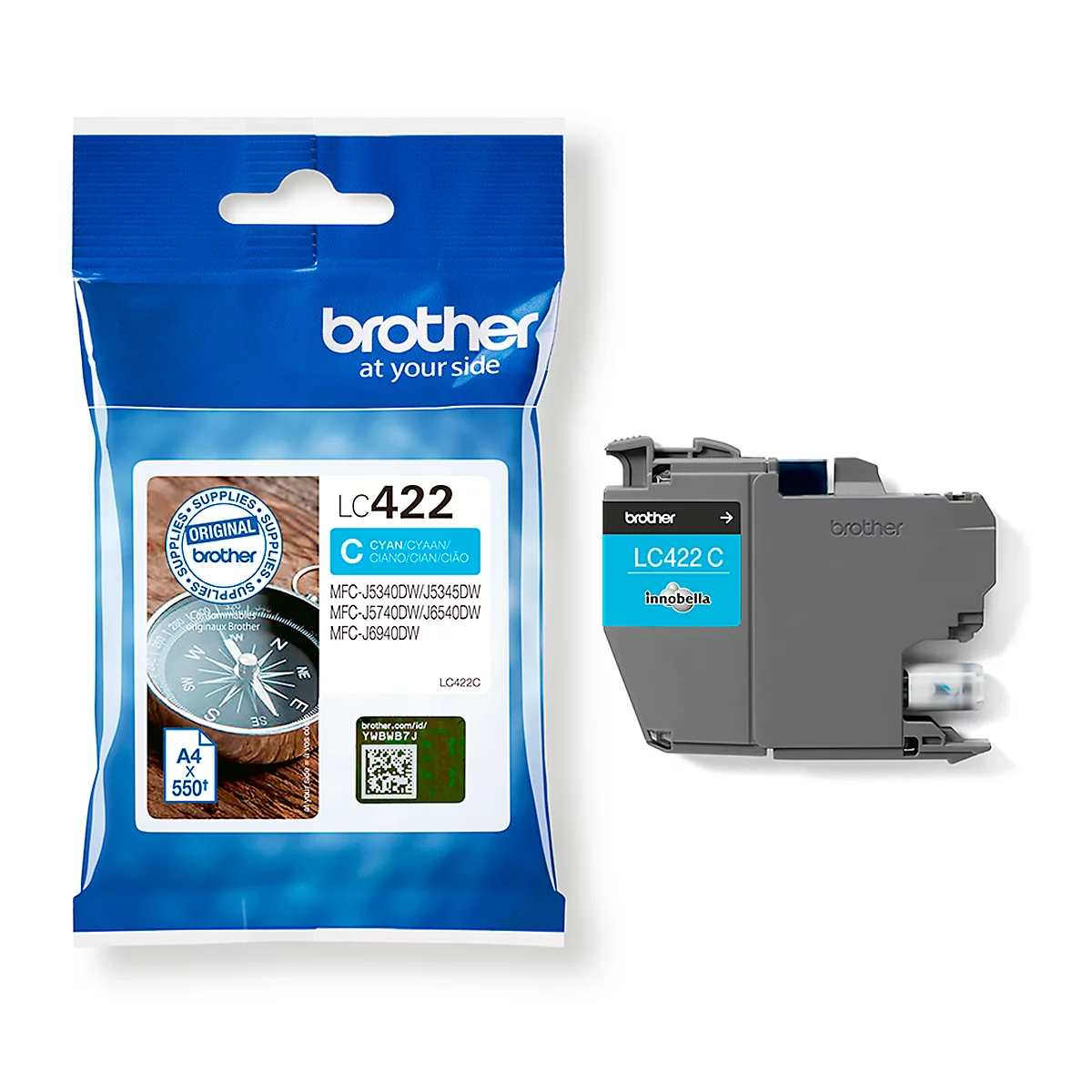 Ink cartridge and packaging. Blue and white packaging and gray cartridge with blue marking.