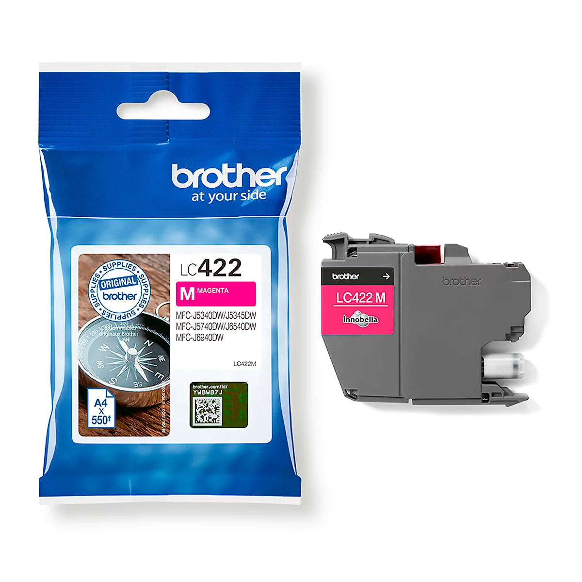 A Brother ink cartridge LC422 M Magenta next to the packaging. Product information and logos are printed on it.