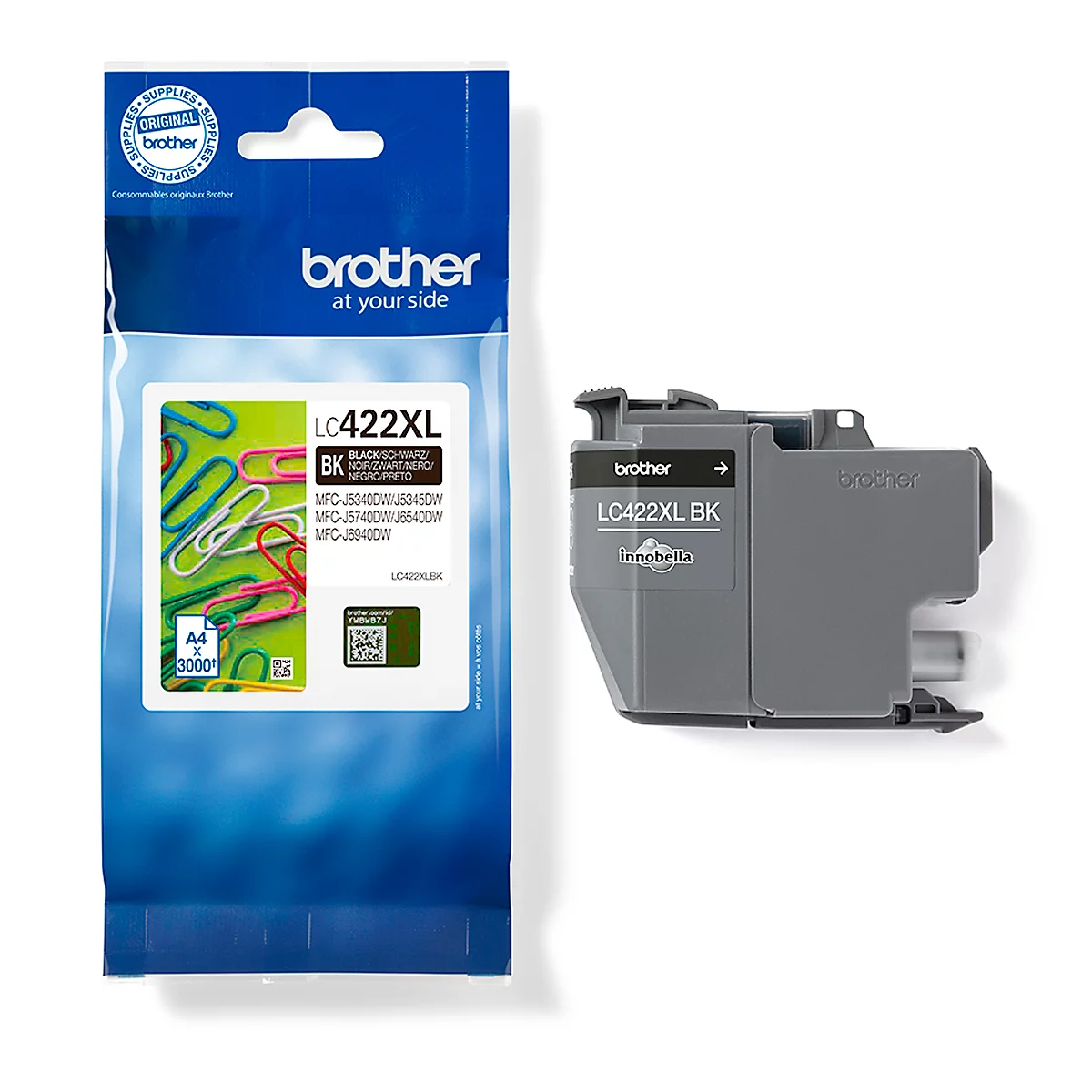 Ink cartridge and packaging from Brother. Black ink LC422XL BK. Inscription: Original Brother.