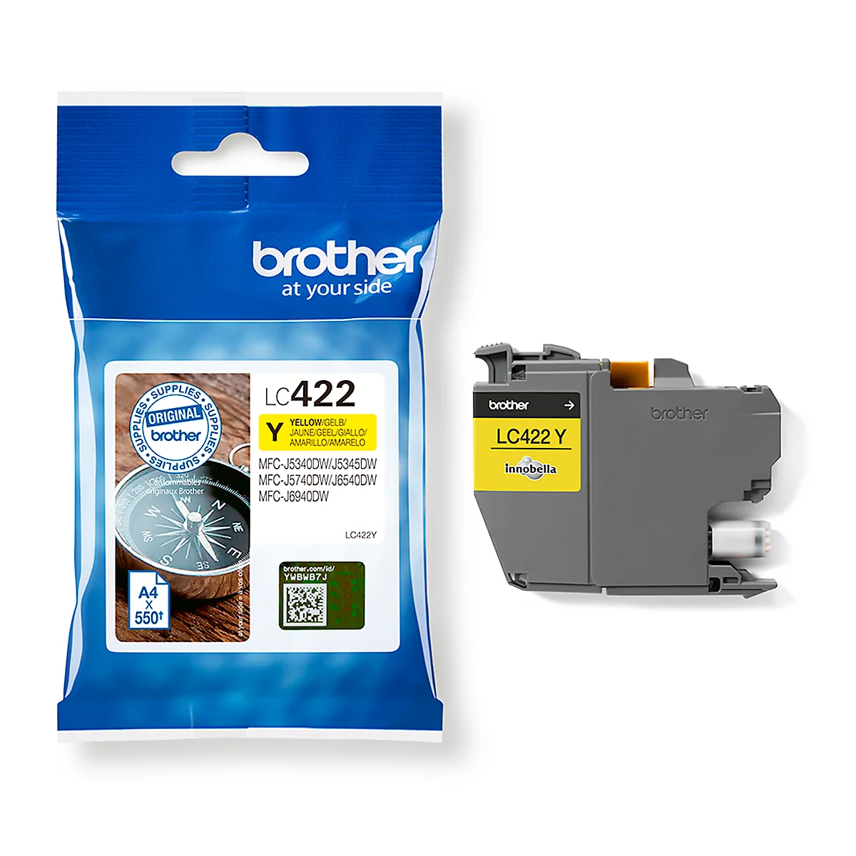 Yellow Brother ink cartridge and packaging, LC422. Inscription: Original Brother.