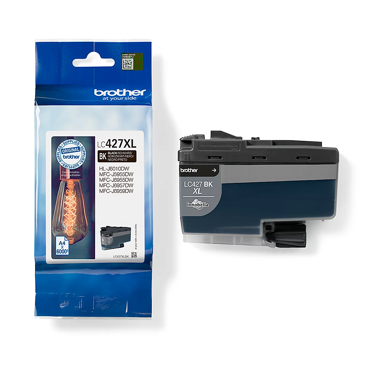 An ink cartridge and its packaging are shown against a white background. The lettering LC427XL from Brother can be read on the cartridge and the packaging.