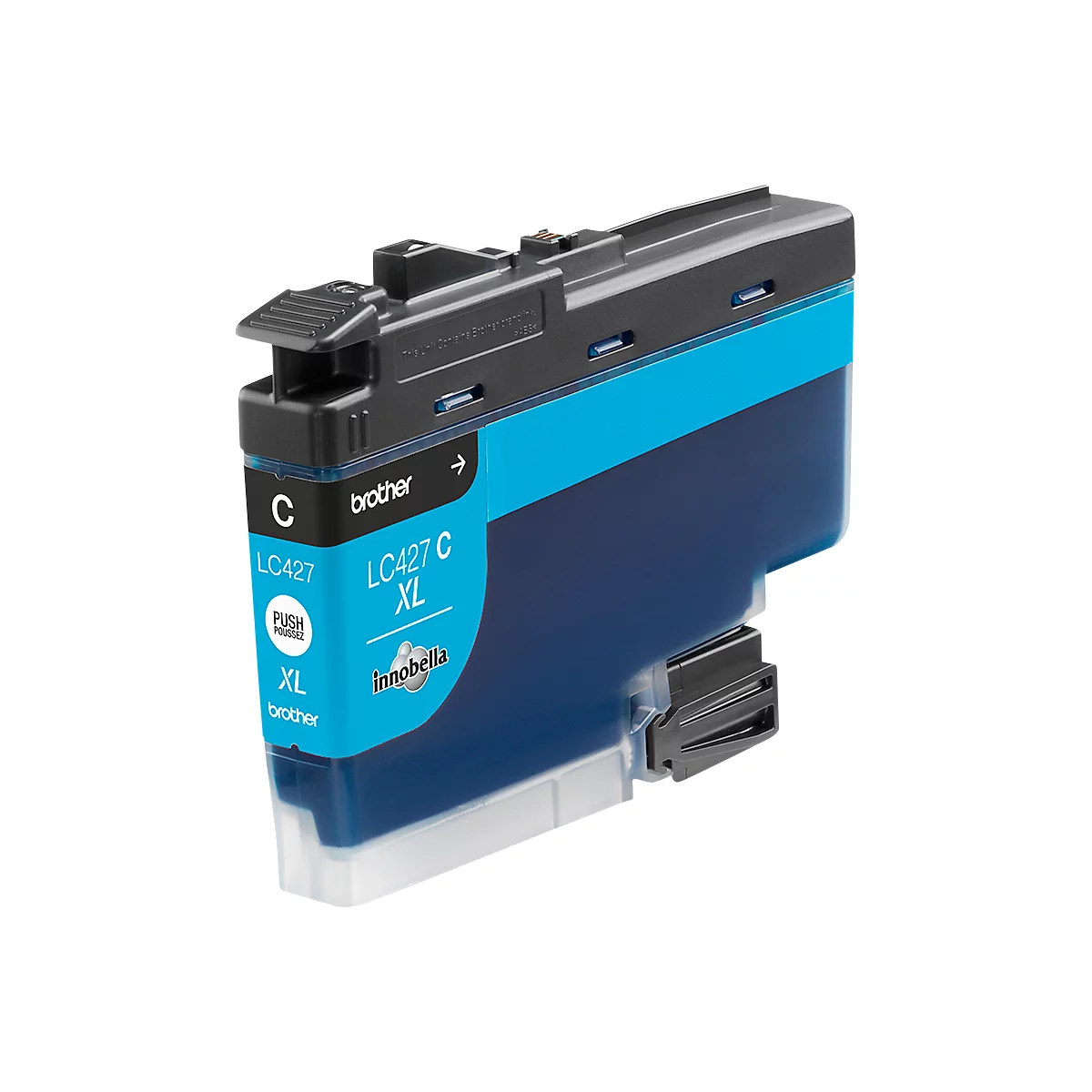 A cyan Brother ink cartridge, with inscriptions such as LC427 C XL, Push, and brother.